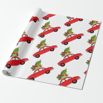 Hand drawn retro Christmas car Wrapping Paper | Zazzle