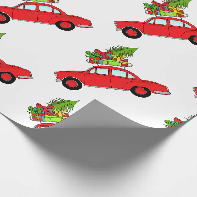 Hand drawn retro Christmas car Wrapping Paper | Zazzle