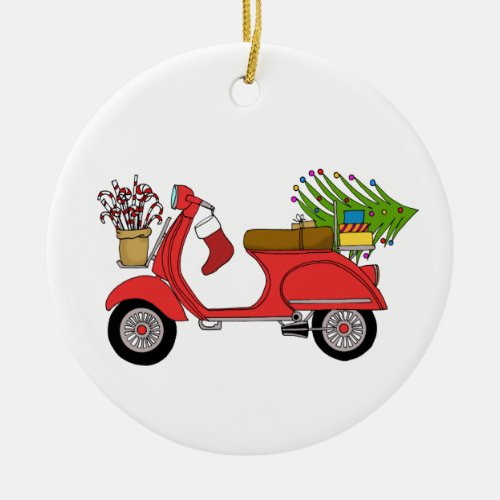 Hand drawn retro christmas scooter with gifts ceramic ornament