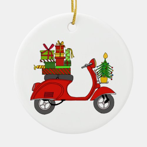 Hand drawn retro christmas scooter with gifts ceramic ornament