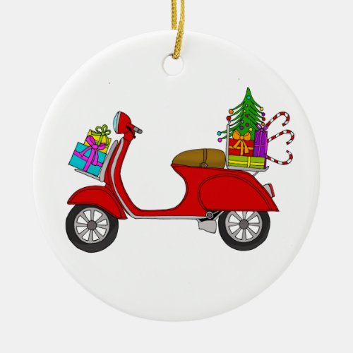 Hand drawn retro christmas scooter with gifts ceramic ornament