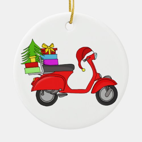 Hand drawn retro christmas scooter with gifts ceramic ornament