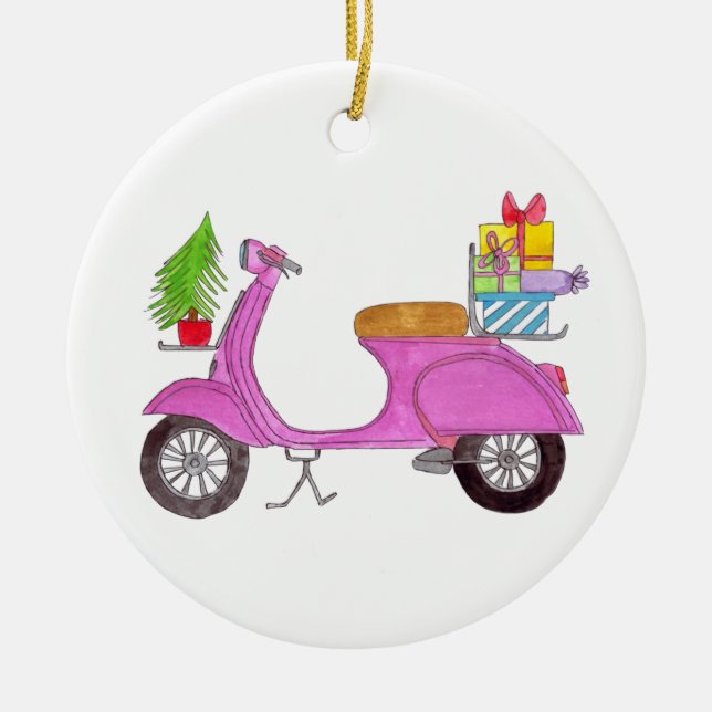 Hand drawn retro christmas scooter with gifts ceramic ornament (Front)