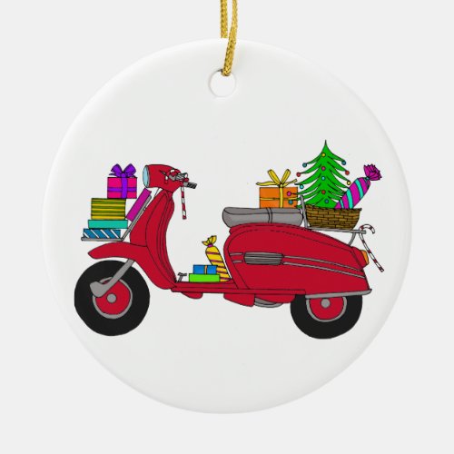 Hand drawn retro christmas scooter with gifts ceramic ornament