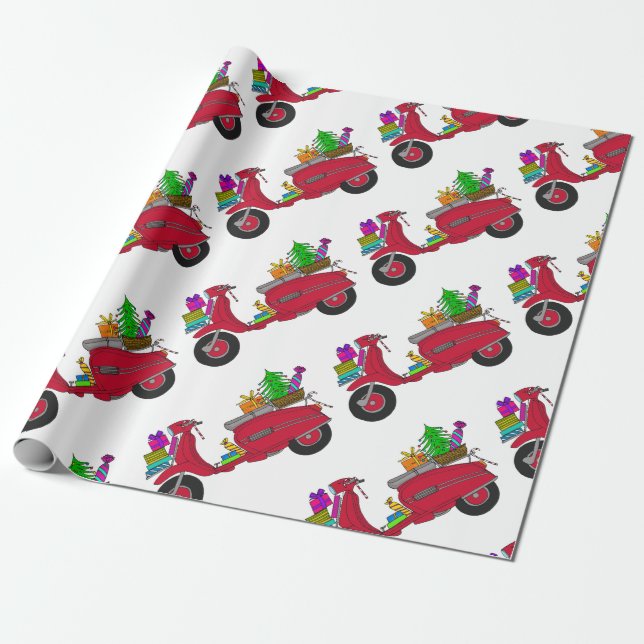 Hand drawn retro Christmas scooter Wrapping Paper (Unrolled)