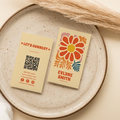 Hand Drawn Retro Colorful QR Code Boho 70s Floral Business Card