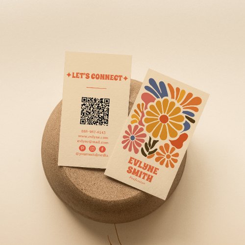 Hand_Drawn Retro Colorful QR Code Boho Bold Floral Business Card