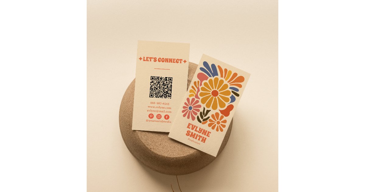 Hand-Drawn Retro Colorful QR Code Boho Bold Floral Business Card | Zazzle