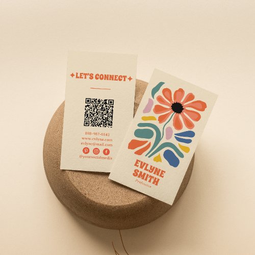 Hand Drawn Retro Colorful QR Code Boho Chic Floral Business Card