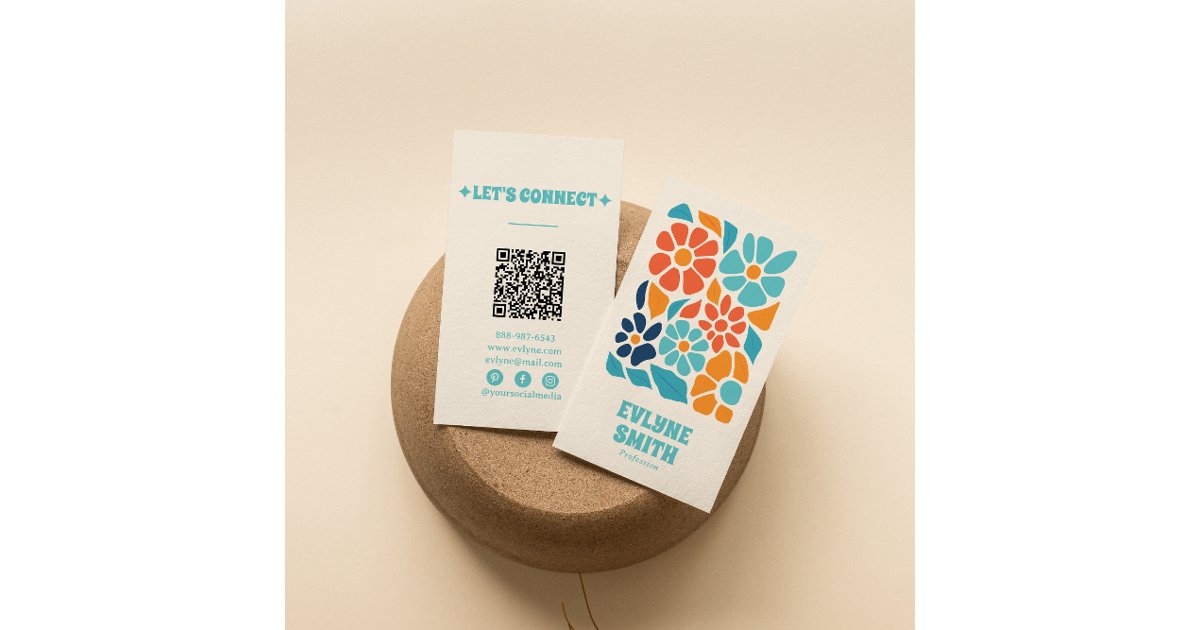 Hand Drawn Retro Colorful QR Code Boho Floral Business Card | Zazzle