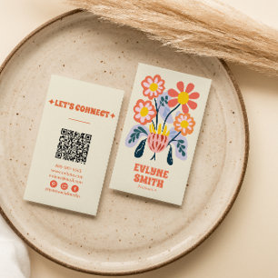 Hand Drawn Retro Colorful QR Code Floral Unique Business Card