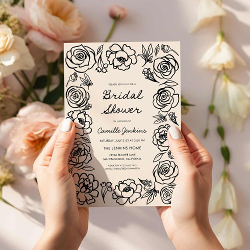 Hand Drawn Retro Floral Bridal Shower Invitation