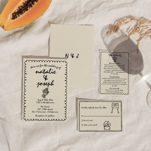 Hand Drawn Retro Funky Unique Quirky Wedding Invitation