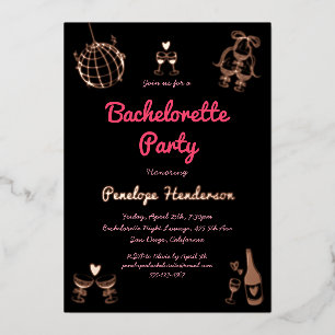 Hand Drawn Retro Pink Black Bachelorette Party Foil Invitation