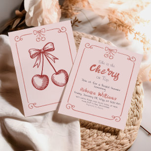 Hand Drawn Retro Pink Cherry Bow Bridal Shower Invitation