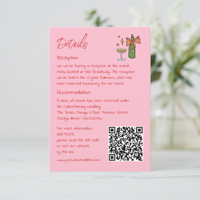 Hand drawn retro pink QR code wedding information  Enclosure Card (Standing Front)