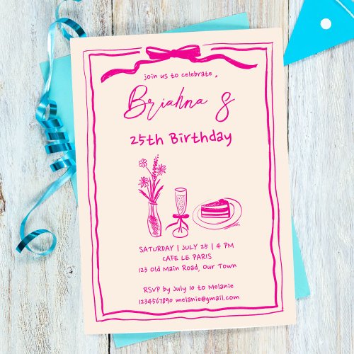 Hand drawn retro pink ribbon adults birthday invitation