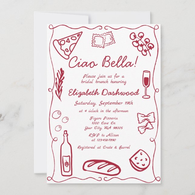 Hand Drawn Retro Red Italian Casual Bridal Brunch Invitation (Front)