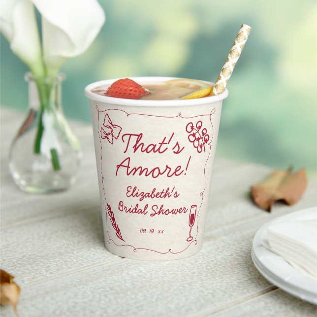 Hand Drawn Retro Red Italian Casual Bridal Brunch Paper Cups (Insitu)