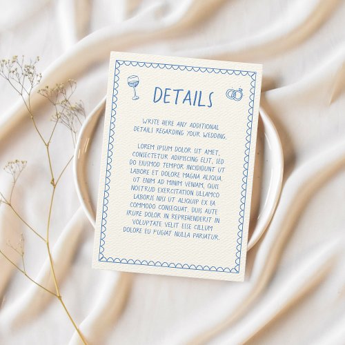 Hand Drawn Retro Sketch Blue Wedding Details Enclosure Card