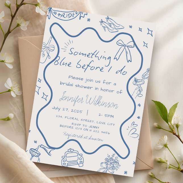 Hand Drawn Retro Something Blue Bridal Shower Invitation (Hand Drawn Retro Something Blue Bridal Shower Invitation)
