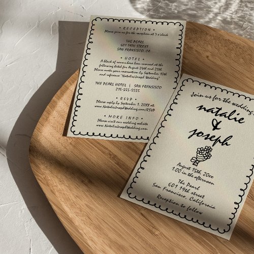 Hand Drawn Retro Unique Quirky All In One Wedding Invitation