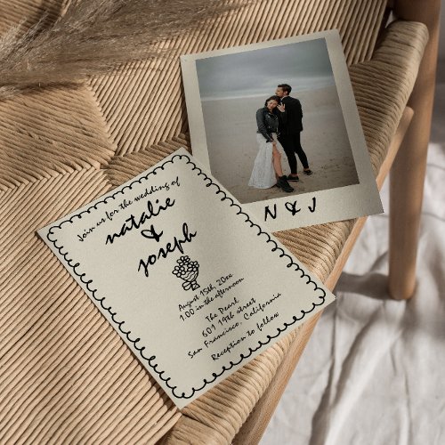 Hand Drawn Retro Unique Quirky Photo Wedding Invitation