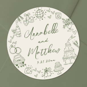 Hand Drawn Retro Wedding Classic Round Sticker