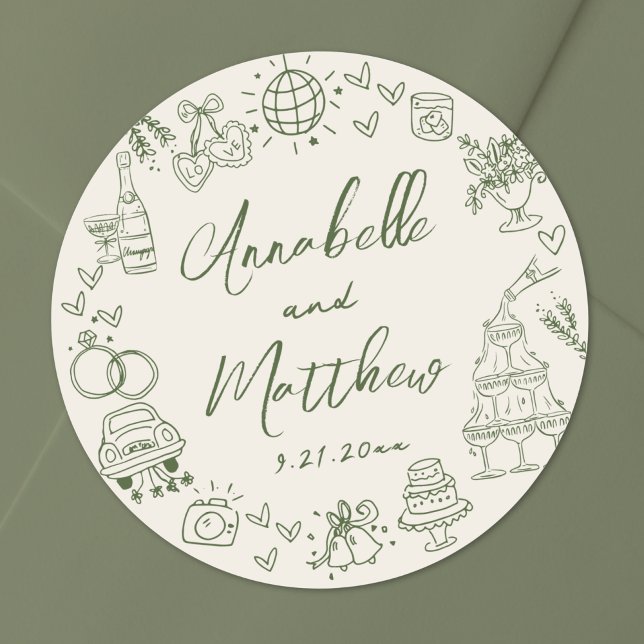Hand Drawn Retro Wedding Classic Round Sticker (Hand Drawn Retro Wedding Classic Round Sticker)
