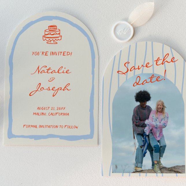 Hand Drawn Retro Whimsical Arched Photo Wedding Save The Date (Creator Uploaded)