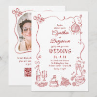 Hand Drawn Retro Whimsical Burgundy Wedding Photo