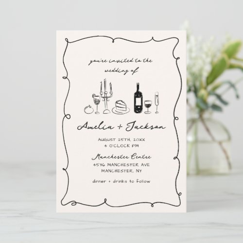 Hand Drawn Retro Whimsical  Chic Wedding Invitation