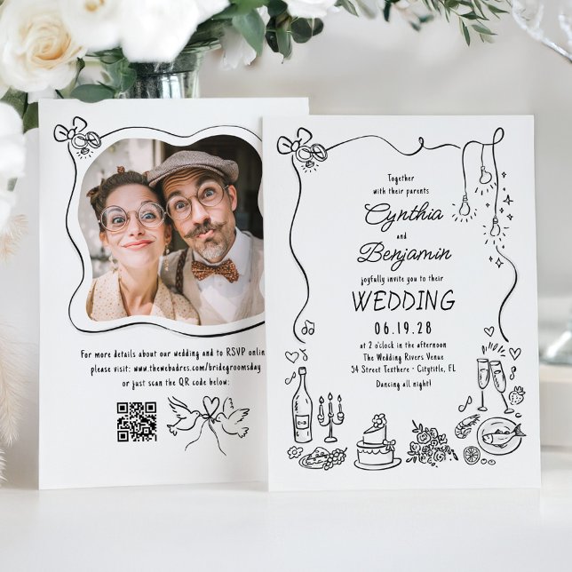 Hand Drawn Retro Whimsical Cocktail Wedding Photo Invitation (Whimsical Quirky Hand-drawn Wedding Photo Invitation)