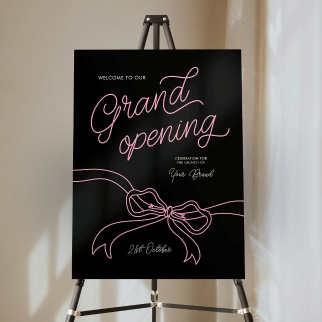 Hand Drawn Ribbon Black & Pink Grand Opening Sign (Add your brand and event details, edit the colors and make unique signage for your launch party)