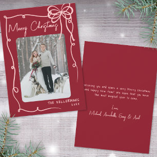 Hand Drawn Ribbon Bow Red Retro Christmas Holiday Card