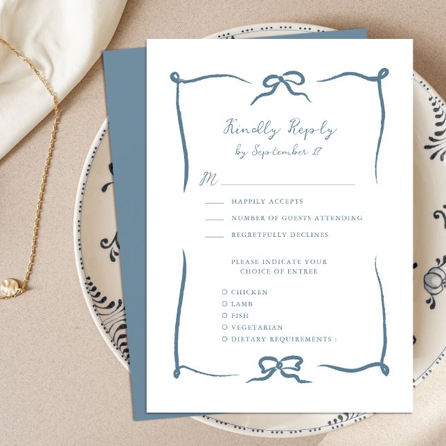 Hand Drawn Ribbon Doodle Dusty Blue Modern Wedding RSVP Card (Creator Uploaded)