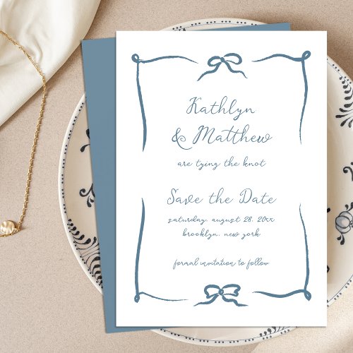 Hand Drawn Ribbon Doodle Dusty Blue Modern Wedding Save The Date