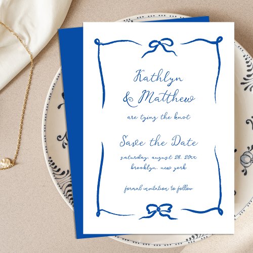 Hand Drawn Ribbon Doodle French Blue Modern Save The Date