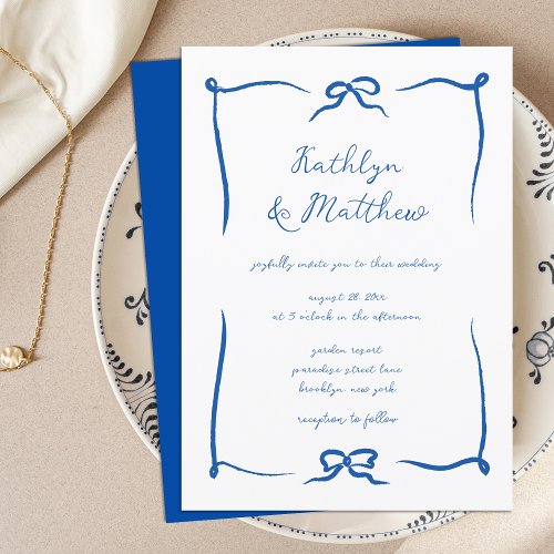 Hand Drawn Ribbon Doodle French Blue Wedding Invitation