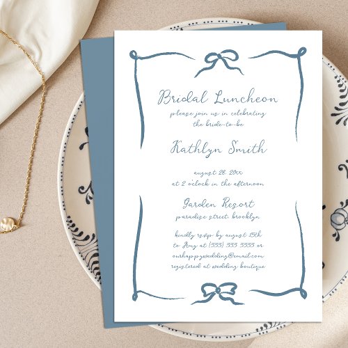 Hand Drawn Ribbon Dusty Blue Bridal Luncheon Invitation