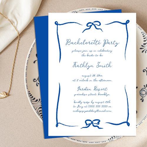 Hand Drawn Ribbon French Blue Bachelorette Party Invitation
