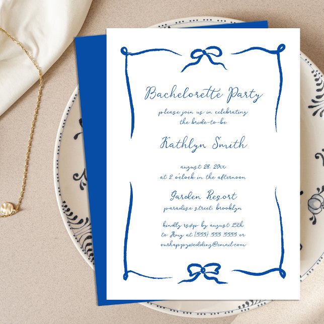 Hand Drawn Ribbon French Blue Bachelorette Party Invitation (Creator Uploaded)