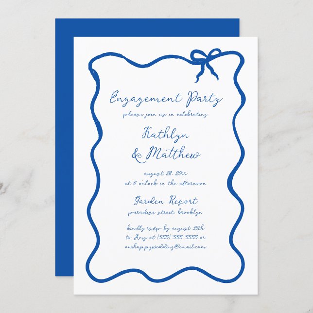 Hand Drawn Ribbon French Blue Engagement Party Invitation (Creator Uploaded)