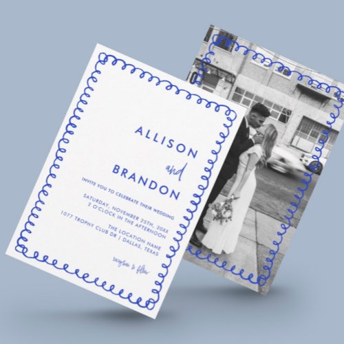 Hand Drawn Ribbon French Blue Wedding Photo Invitation