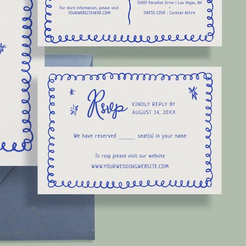 Hand Drawn Ribbon French Blue Wedding RSVP Cards