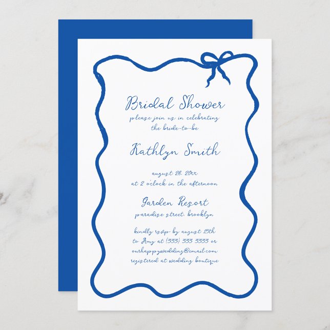 Hand Drawn Ribbon Whimsical Blue Bridal Shower Invitation (Creator Uploaded)