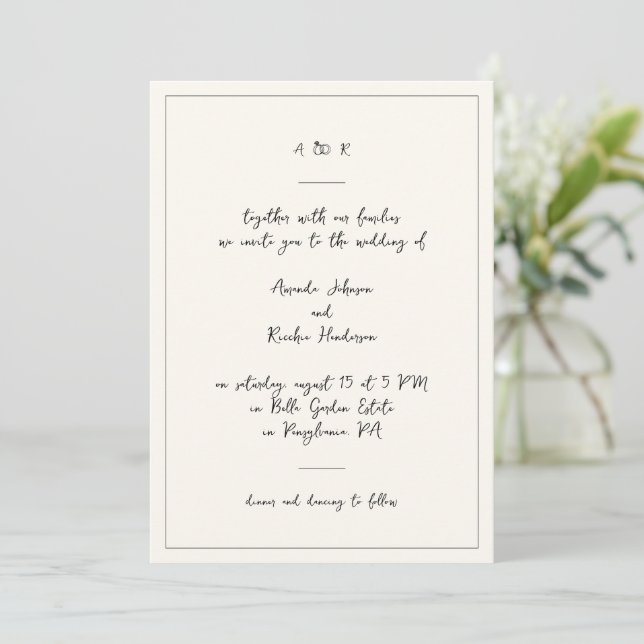 Hand Drawn Rings Monogram Handwriting Wedding Invitation (Standing Front)