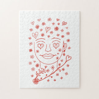 Hand-Drawn Romantic Line Art Face with Hearts and Jigsaw Puzzle