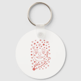 Hand-Drawn Romantic Line Art Face with Hearts and Keychain