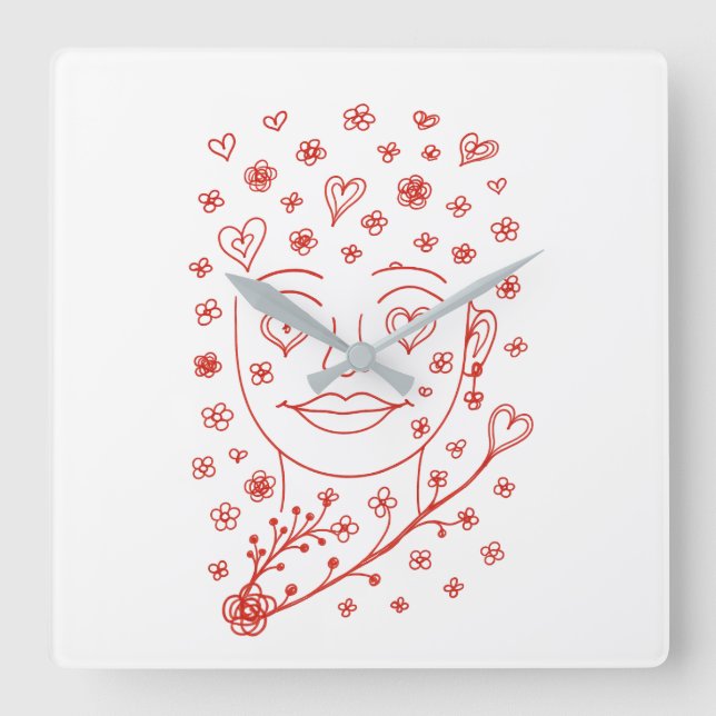 Hand-Drawn Romantic Line Art Face with Hearts and  Square Wall Clock (Front)